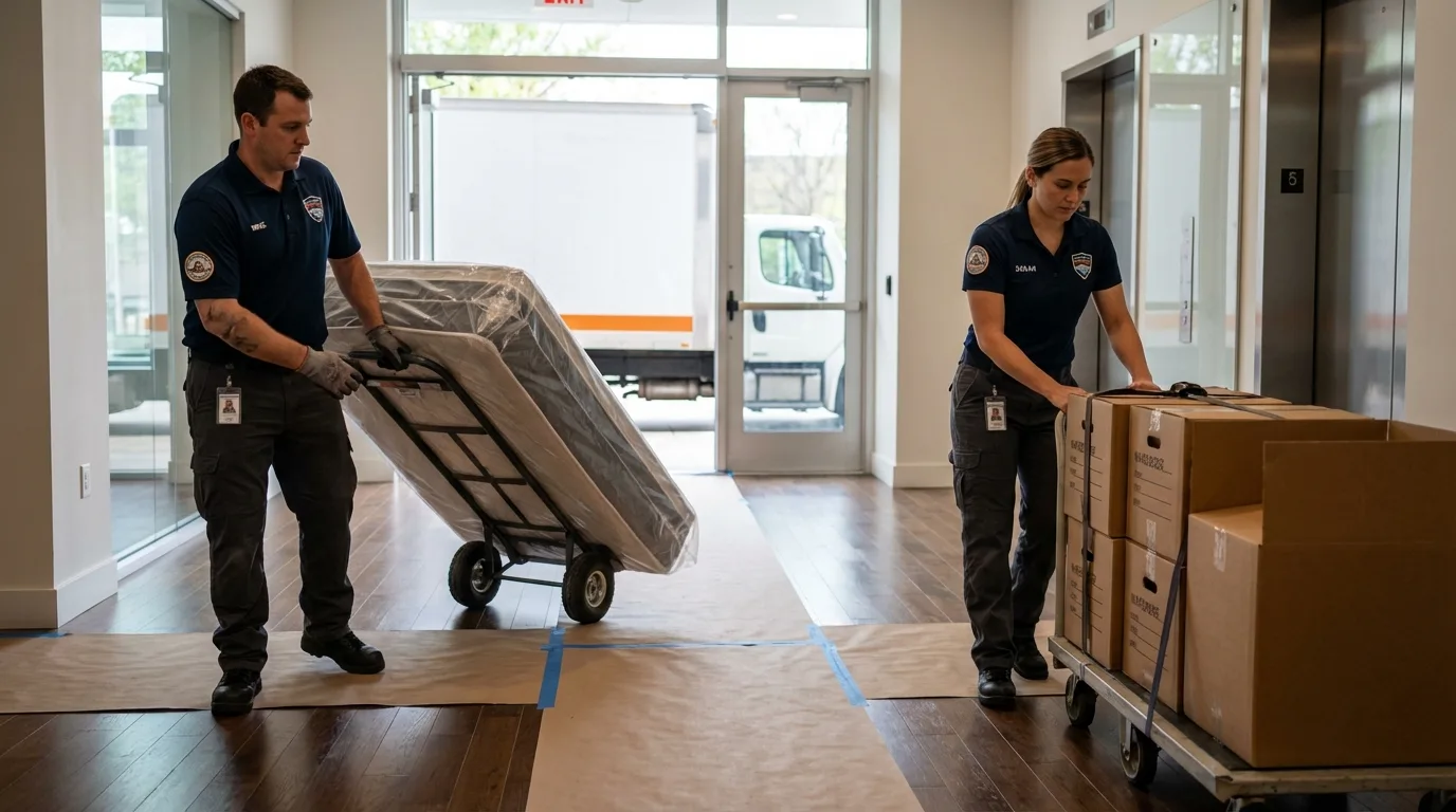 Professional apartment movers loading elevator in Charleston, WV